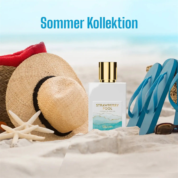 „Visual der Sommerkollektion exklusiver Nischenparfüms – eine stilvolle Auswahl frischer, fruchtiger und luxuriöser Düfte, ideal für den Sommer.“