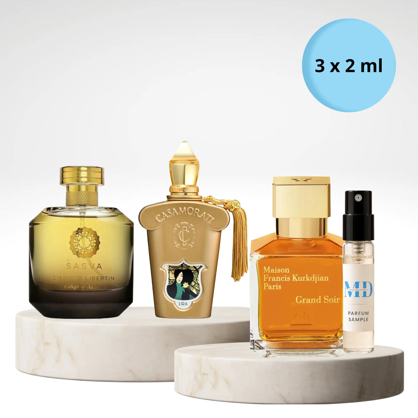 Damen Parfümproben Set mit L'Amour Libertin, Casamorati Lira und Maison Francis Kurkdjian Grand Soir als 3 x 2 ml Duftproben