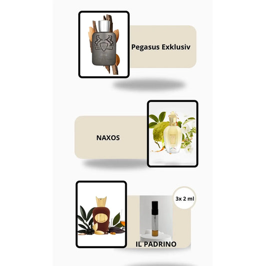 Gourmand & Power Parfümprobe Set mit Pegasus Exclusif, Naxos und Il Padrino – intensive Unisex-Winterdüfte von MicheloDuft