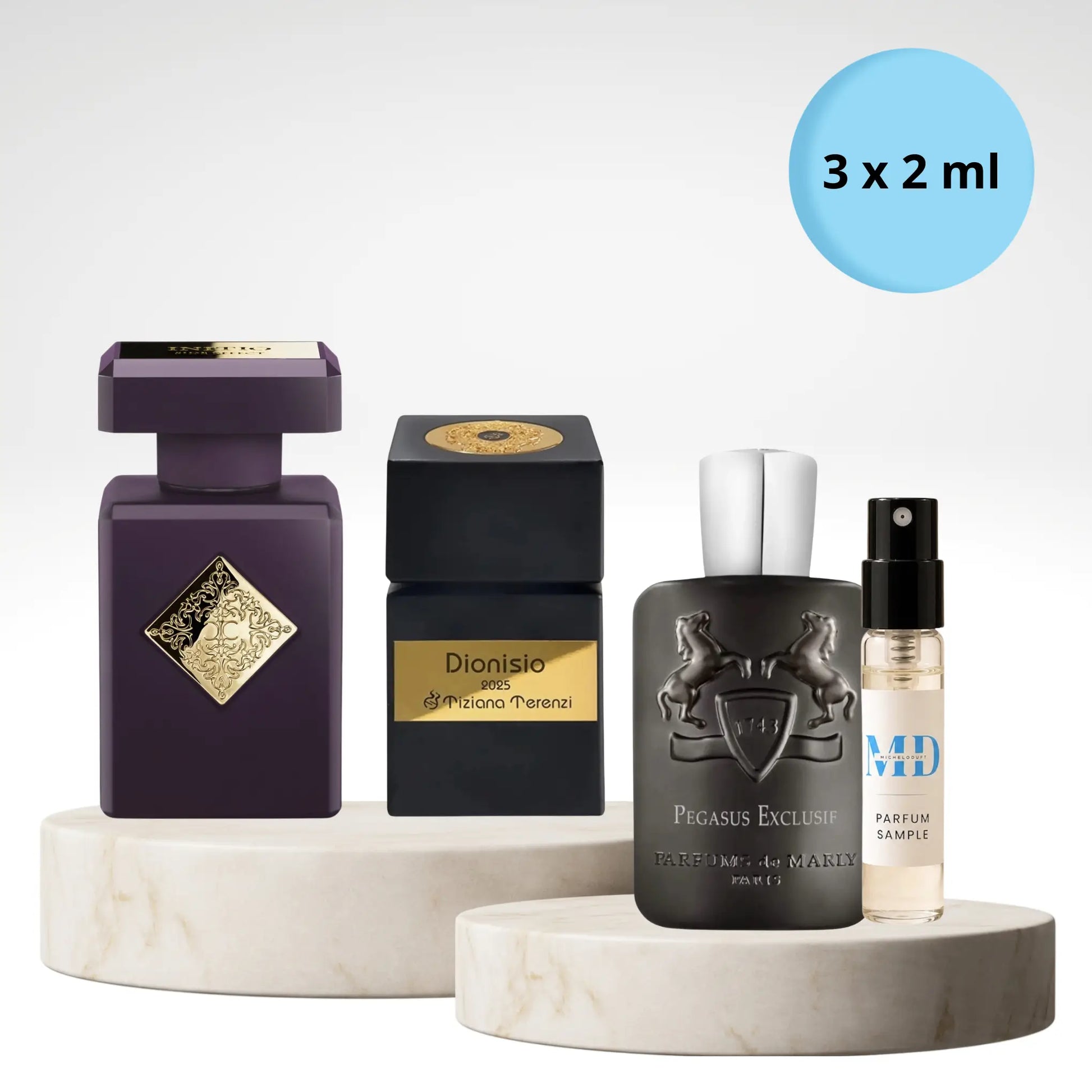 Herren Parfümproben Set mit Initio Side Effect, Tiziana Terenzi Dionisio und Parfums de Marly Pegasus Exclusif als 3 x 2 ml Duftproben