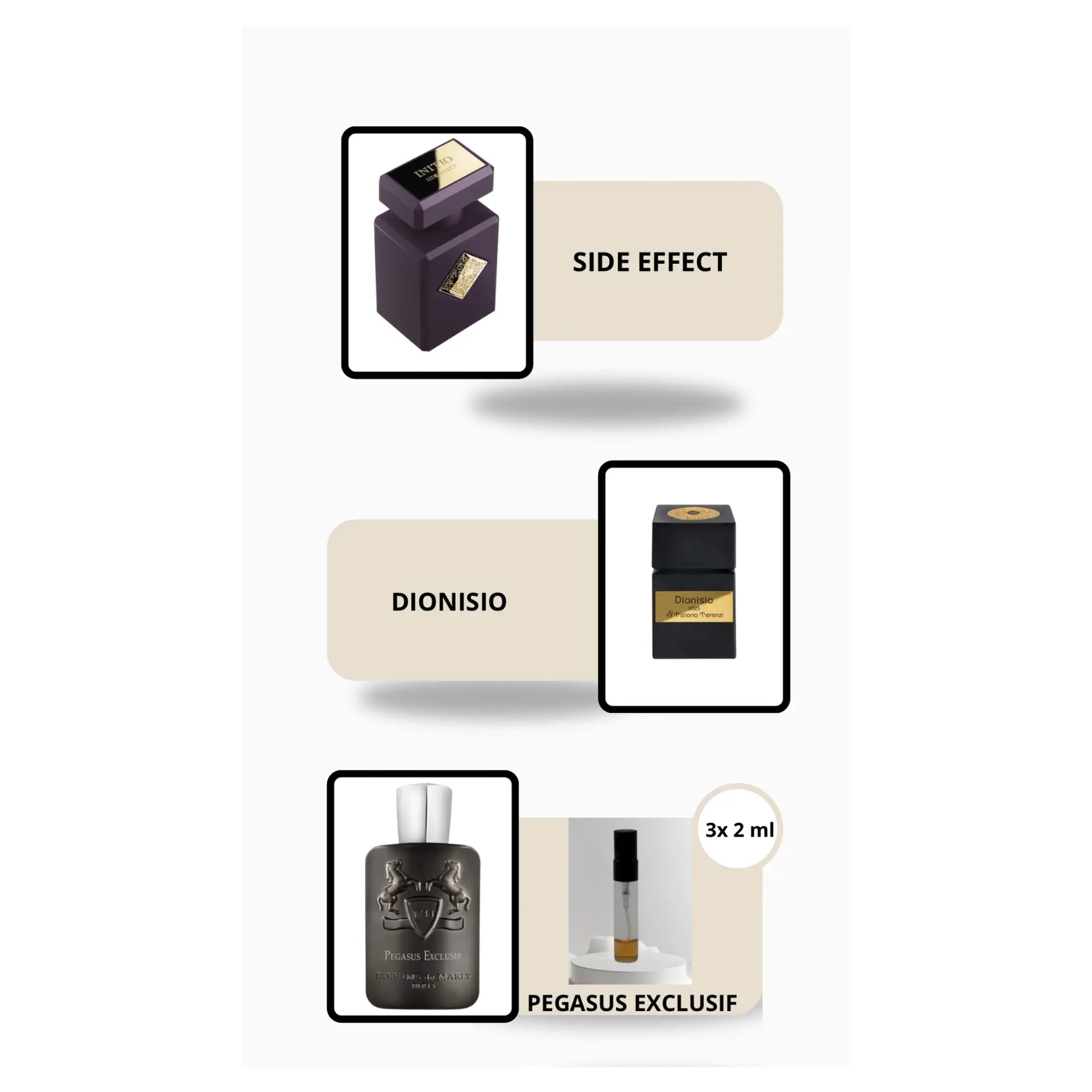 Herren Parfumprobe Set mit Side Effect, Dionisio und Pegasus Exclusif von MicheloDuft