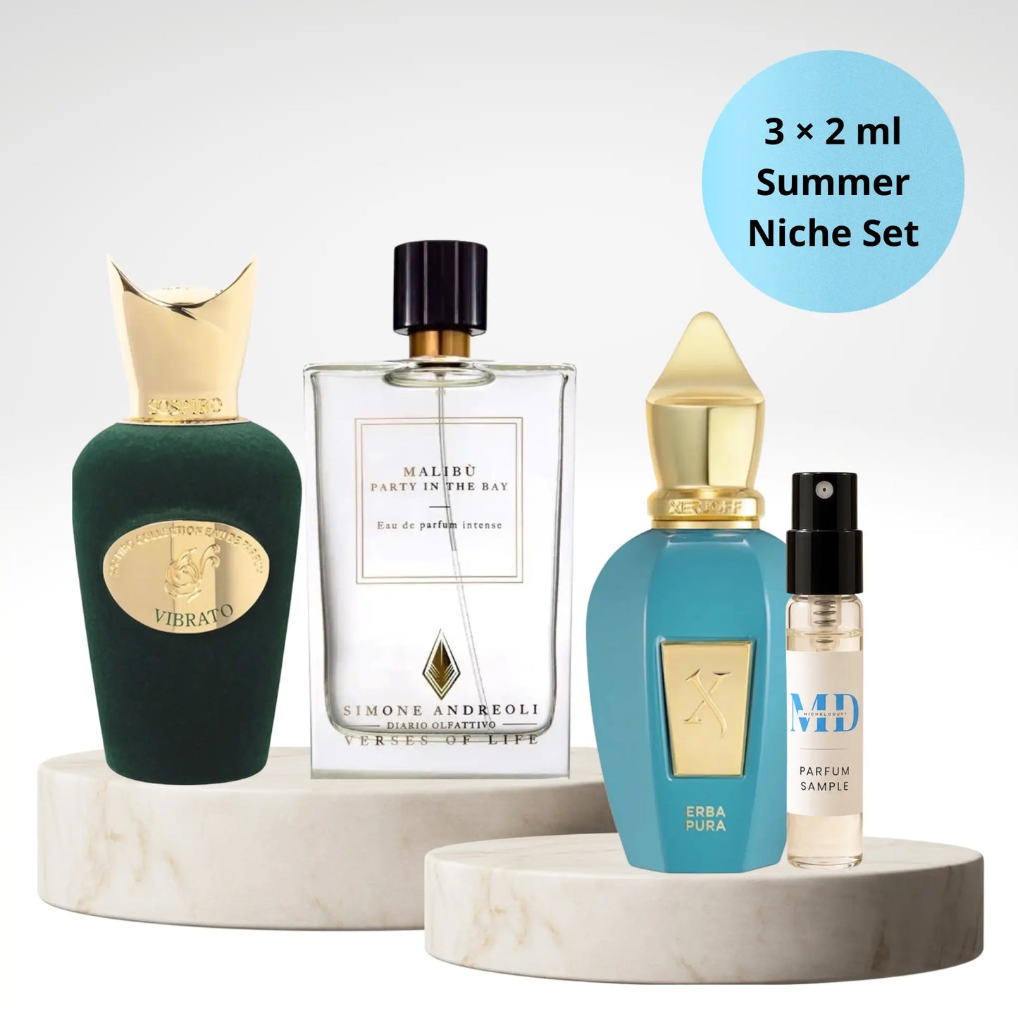 Summer Niche Discovery Set mit 3×2 ml Parfümproben von Malibù Party in the Bay, Xerjoff Erba Pura und Sospiro Vibrato bei MicheloDuft.